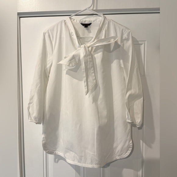 Brooks Brothers cotton stretch 3/4 sleeve pullover blouse with neck tie/bow - Picture 2 of 9